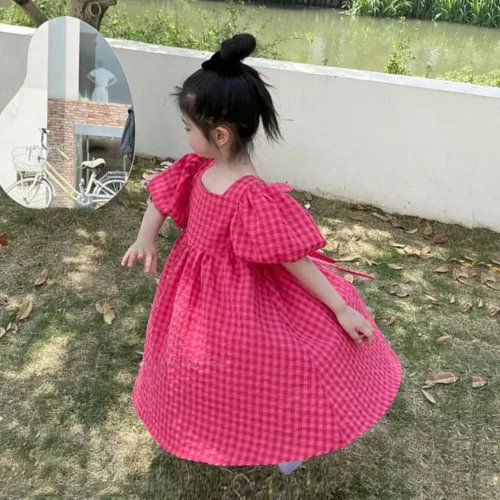 Urso líder rosa xadrez arco vestido elegante lolita criança grandes meninas midi vestido crianças vestidos adolescentes festa princesa vestido de verão - Imagem 3